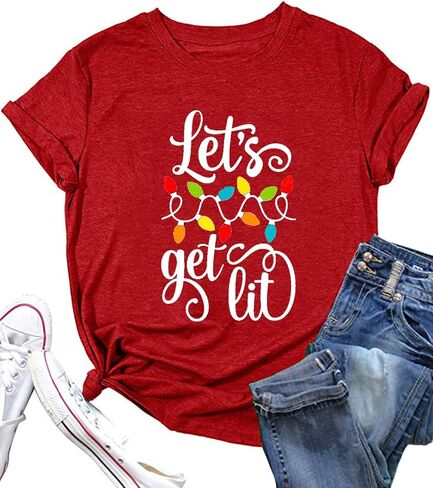 Christmas Shirts for Women Let's Get Lit Shirt Cute Lights Graphic Short Sleeve Xmas Tops Tees in Kuwait