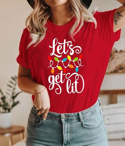 Christmas Shirts for Women Let's Get Lit Shirt Cute Lights Graphic Short Sleeve Xmas Tops Tees in Kuwait