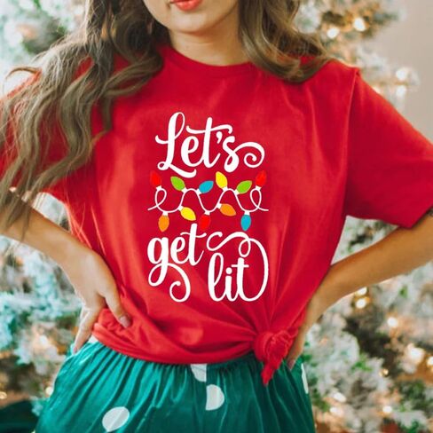 Christmas Shirts for Women Let's Get Lit Shirt Cute Lights Graphic Short Sleeve Xmas Tops Tees in Kuwait