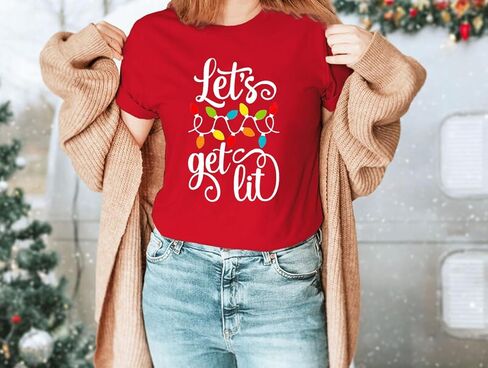 Christmas Shirts for Women Let's Get Lit Shirt Cute Lights Graphic Short Sleeve Xmas Tops Tees in Kuwait