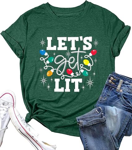Christmas Shirts for Women Let's Get Lit Shirt Cute Lights Graphic Short Sleeve Xmas Tops Tees in Kuwait