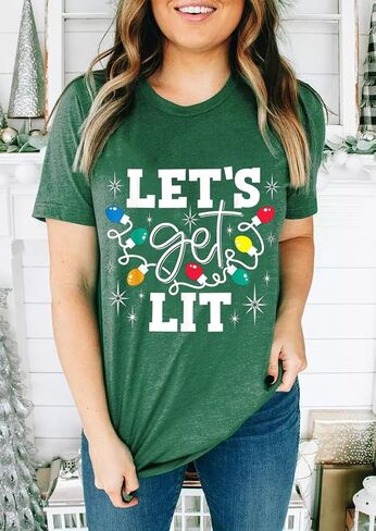 Christmas Shirts for Women Let's Get Lit Shirt Cute Lights Graphic Short Sleeve Xmas Tops Tees in Kuwait