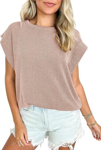 SHEWIN Womens Shirts Casual Crewneck Cap Sleeve T Shirt Cute Summer Tops Loose Knitted Blouses in Saudi Arabia