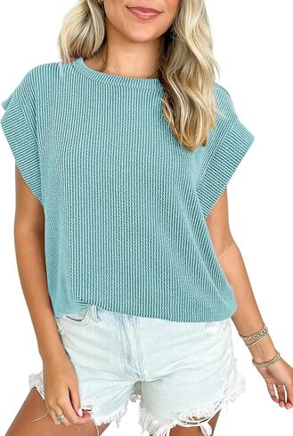 SHEWIN Womens Shirts Casual Crewneck Cap Sleeve T Shirt Cute Summer Tops Loose Knitted Blouses in Saudi Arabia