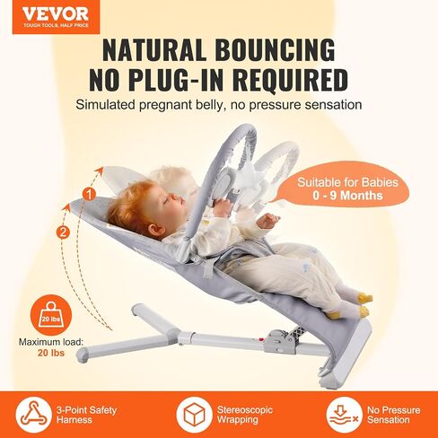 VEVOR Baby Bouncer, Folding Bouncer Seat for Babies 0-9 Months, Newborn Bouncer Chair with 2 Reclining Angles & 3-Point Harness, Portable Infant Rocker with Carrying Bag for Indoors Outdoors, Camel in Saudi Arabia