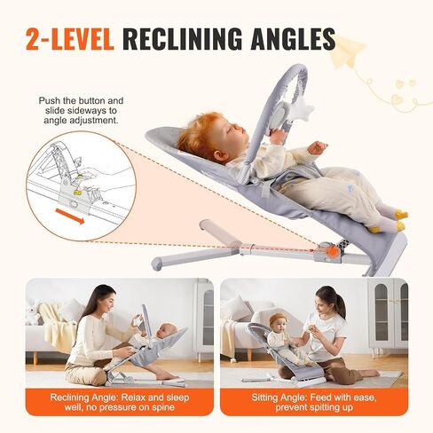 VEVOR Baby Bouncer, Folding Bouncer Seat for Babies 0-9 Months, Newborn Bouncer Chair with 2 Reclining Angles & 3-Point Harness, Portable Infant Rocker with Carrying Bag for Indoors Outdoors, Camel in Saudi Arabia