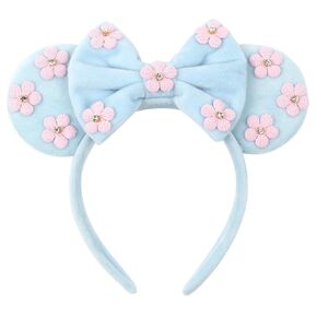 Mouse Ears Flower & Rhinestones Headband Mouse Hair Bow Headband for Women Hair Band Accessory for Princess Costume Holiday Park Travel