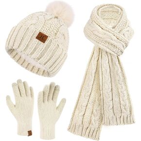 إمرأة قبعات شتوية وشاح مجموعة قفازات تعمل باللمس الشنيل متماسكة صوف مبطن بيني Pompom قبعة الأوشحة in Kuwait