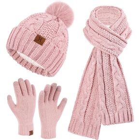 Womens Winter Beanie Hats Scarf Touchscreen Gloves Set Chenille Knit Fleece Lined Beanies Pompom Hat Scarves