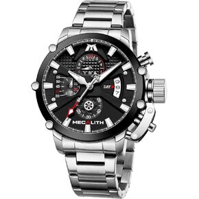 MEGALITH Men's Watch 45mm Stainless Steel Chronograph Waterproof Analog Quartz Date Heavy Duty Watches for Men Metal Luminous Multifunctional Cool Designer Gents Wrist Watches