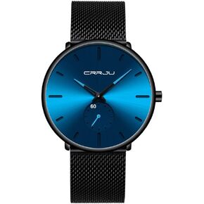 CRRJU Men Business Slim Analog Quartz Watch,Date Black Dial Wrist Watch with Mesh Bracelet Strap