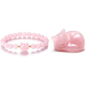 CrystalTears Rose Quartz Crystal Cat Bracelet and Crystal Cat Figurine Crystal Gifts for Women Men Christmas Birthday Reiki Healing Home Office Desk Decor