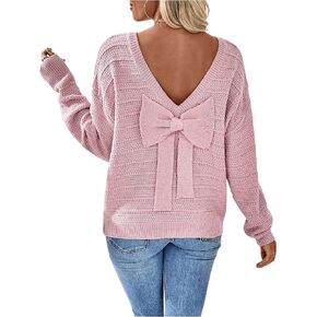 GORGLITTER Women's Bow Open Back Sweater Long Sleeve Knit Coquette Fall Pullover Tops
