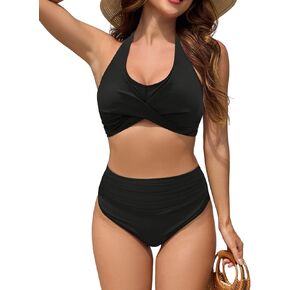 ZAFUL Womens Two Piece Swimsuit Push Up High Waisted Bikini Sets Halter V Neck Modest Bathing Suits Ruched Swimwear
