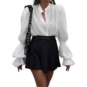 SweatyRocks Women's Puff Long Sleeve Button Down Blouse Work Office Solid Loose Shirt Tops