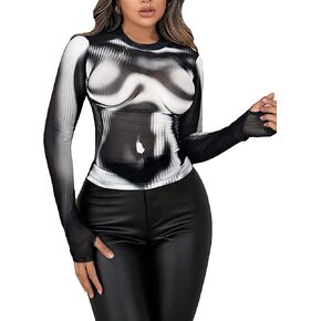 GORGLITTER Women's Sheer Mesh Long Sleeve Tops Crew Neck Y2K Printed Tees Shirt Going Out Tops