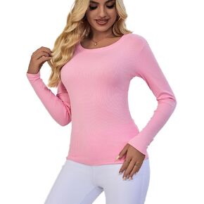 Long Sleeve T-Shirt Women Ribbed Scoop-Neck Shirts for Women Basic Trendy Lightweight Shirts for Women
