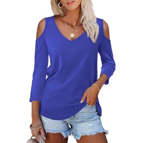 Amoretu Women's Long Sleeve Shirts Cold Shoulder Tops V Neck Blouse Tunic Shirts