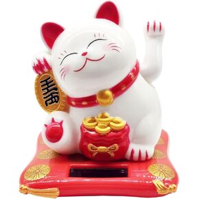 Flylin Chinese Lucky Cat, Solar Waving Cat Good Luck Wealth Welcoming Cats Welcoming Cat for Home or Office Display Car Decoration