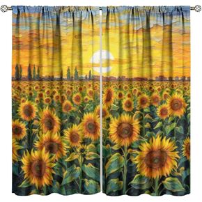 Sunflower Curtains,Oil Painting Sunflower Sunset Nature Scenery Pattern Drapes Window 2 Panel Rod Pocket Curtain for Cafe Office Kitchen Decor42 W X 45" L