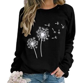 بلوفر نسائي كاجوال من Lurhonp بلوزات Dandelion Graphic ذات رقبة مستديرة وأكمام طويلة