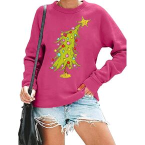 QIANRUO Merry Christmas Sweatshirt Women Cute Xmas Tree Lights Graphic Tee Long Sleeve Xmas Holiday Party Pullover Tops