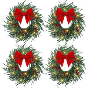 VIHOSE 4 Pcs Lighted Christmas Wreath 13'' Mini Wreath with Bow Norfolk Christmas Front Door Pine Needle Wreath Artificial with LED Light Xmas Wreath for Holiday Christmas Party Decoration