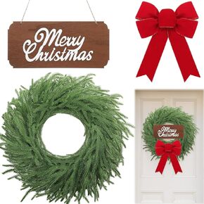 24" Christmas Wreath for Front Door Norfolk Pine Wreath with Wooden Sign and 13 Inch Velvet Bow for Window Wall Farmhouse Home Decor Christmas Wreath, Shake to Fluff for Fullness