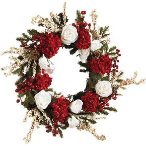 Nearly Natural 4899 Hydrangea with White Roses Wreath, 24-Inch, Red /White/Green