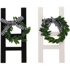 Veemoon Wooden Ladder Tiered Tray, Black and White Plaid Farmhouse Ladder Sign Decor with Wreath for Home Kitchen Photo Prop Hanging