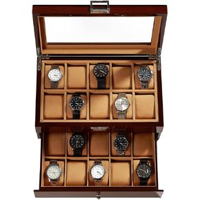 20-Slot Wooden Watch Box, Wood Watch Case with Glass Lid, 2 Layer Watch Storage Organizer for Men Women, Velvet Lining, Watch Display Box, Christmas Gifts, Brown
