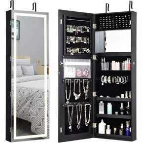 AUGESTER Jewelry Cabinet w/Full Length Mirror, 47.5'' Wall/Door Mounted Jewelry Armoire w/LED Touch Screen Mirror, Large Storage, Lockable Jewelry Organizer Armoire (Black)