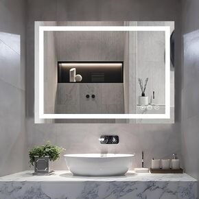 36x28 inch LED Bathroom Mirror, Frontlit Wall Mounted Lighted Bathroom Mirror with Smart Touch Button, Memory Function, 3000K-6000K Adjustable Color, 10%-100% Stepless Dimmable, Anti-Fog