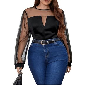 MakeMeChic Women's Plus Size Mesh Patchwork Blouse Crew Neck Long Sleeve Tops