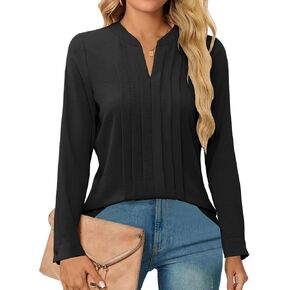 MIRALUNA Blouses for Women Dressy Casual Long Sleeve Shirts V Neck Pleated Business Office Work Tops