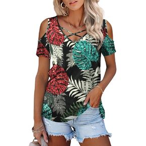 Amoretu Womens Summer Shirts V Neck Criss Cross Cold Shoulder Tops Blouse