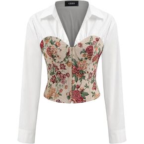 CIDER 100% Cotton V-Neck Collar Floral Patched Corset Long Sleeve Blouse