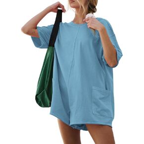 GTETKDE Rompers for Women Casual Workout Oversized Jumpsuits Athletic Loose Hot Shot Tee Romper with Pockets 2024 Clothes