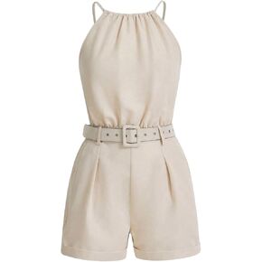 MakeMeChic Women's Halter Sleeveless Romper Belted Summer Shorts Jumpsuit with Pocket