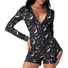Miqil Women Short Onesie Pajamas Halloween Christmas Print Sexy Bodycon Long Sleeve V Neck One Piece Sleeper Romper Jumpsuits