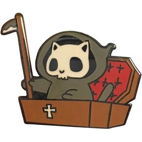 Grim Reaper Death Cat Kitty Kitten Coffin Halloween Cute Kawaii Skull Skeleton 1.25" Enamel Pin Badge