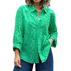 YKR Womens Eyelet Tops Long Sleeve Button Down Blouse Casual Dressy Hollow Out Lace Button Up Shirt