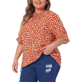 Agnes Orinda Plus Size Tops for Women Polka Dots Printed Short Sleeve Work Business Ruffle Mock Neck Blouses Shirts