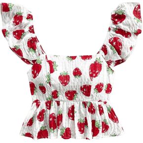 MakeMeChic Women's Graphic Print Cap Sleeve Blouse Square Neck Tie Back Shirred Crop Tops