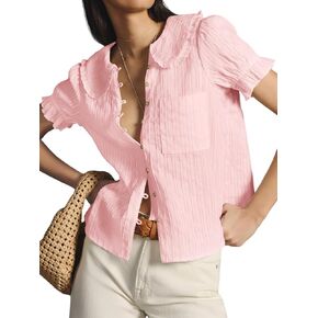 Tankaneo Womens Puff Sleeve Shirts Peter Pan Collar Button Down Cotton Blouse Casual Summer Textured Tops