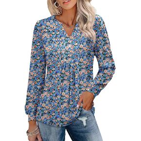 Ivicoer Womens V Neck Puff Long Sleeve Tops Fall Fashion 2024 Pleated Tunic Work Blouses Dressy Casual
