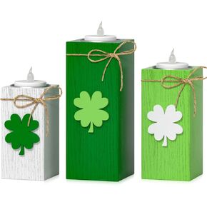 CRCZK St Patricks Day Votive Candle Holders Set of 3 Wooden Tea Light Holders with Battery Operated LED Ideal for Tabletop Decorations & Centerpieces Romantic Elegant Design for Festive Ambiance