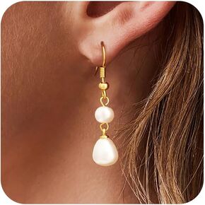 Moodear Dainty Pearl Dangle Earrings for Women - Trendy 14K Gold Plated Freshwater Pearl Hypoallergenic Drop Earring Wedding Jewelry Gift