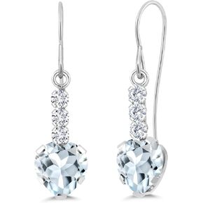 Gem Stone King 14K White Gold Sky Blue Aquamarine and White Lab Grown Diamond French Wire Dangle Hook Earrings For Women (1.69 Cttw, Gemstone March Birthstone, Heart Shape 6MM)