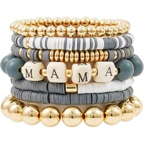 Mama Bracelets For Women Chunky Stack Gold Layered Beaded Bracelet Jewelry Birthday Gifts for Mom From Daughter,son,18K Gold Plated Charm Bracelets for New Mom Unique Christmas Gifts for MAMA,Best Mom Gifts